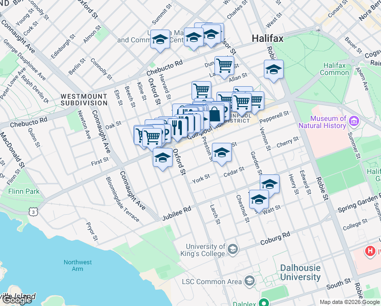 map of restaurants, bars, coffee shops, grocery stores, and more near 6354 Pepperell Street in Halifax