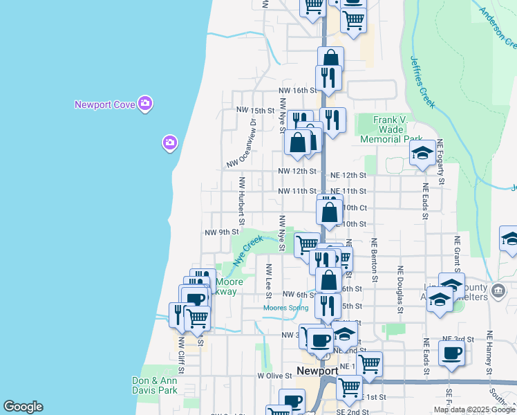 map of restaurants, bars, coffee shops, grocery stores, and more near 421 Northwest 11th Street in Newport