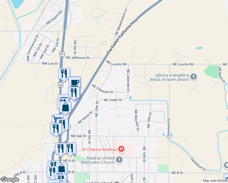 map of restaurants, bars, coffee shops, grocery stores, and more near 376 Northeast Chestnut Street in Madras