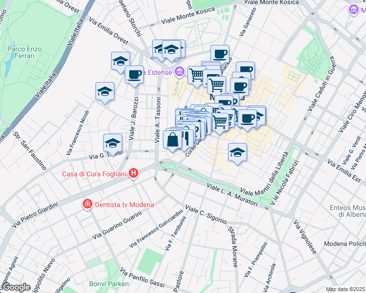 map of restaurants, bars, coffee shops, grocery stores, and more near 23 Rua Freda in Modena