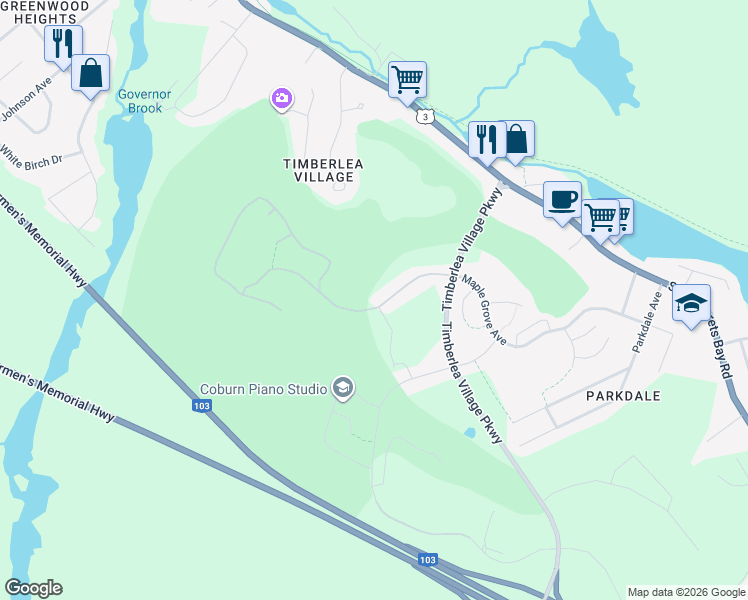 map of restaurants, bars, coffee shops, grocery stores, and more near 61 Brunello Boulevard in Timberlea