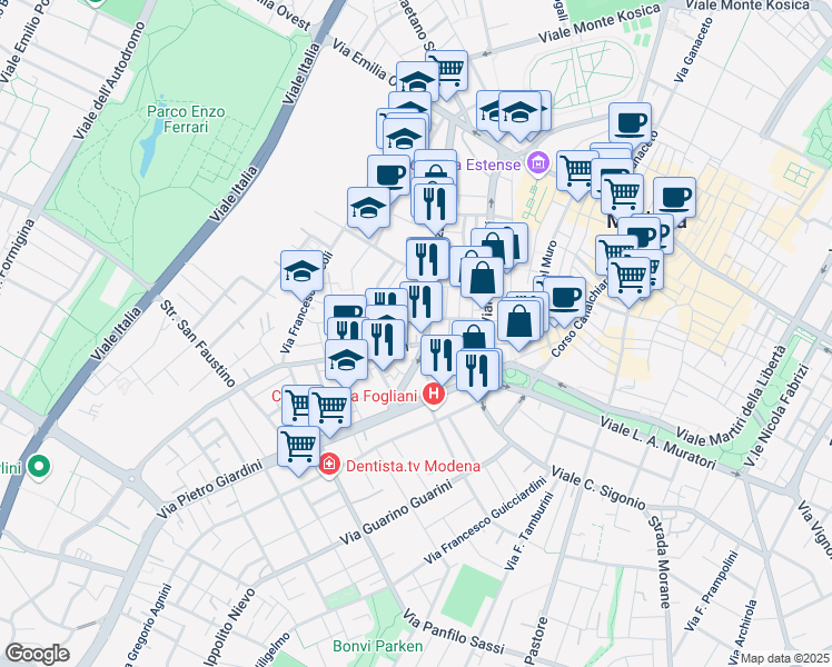 map of restaurants, bars, coffee shops, grocery stores, and more near 42 Via Fulvio Testi in Modena