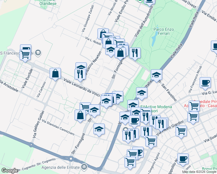 map of restaurants, bars, coffee shops, grocery stores, and more near 1 Via Talete di Mileto in Modena