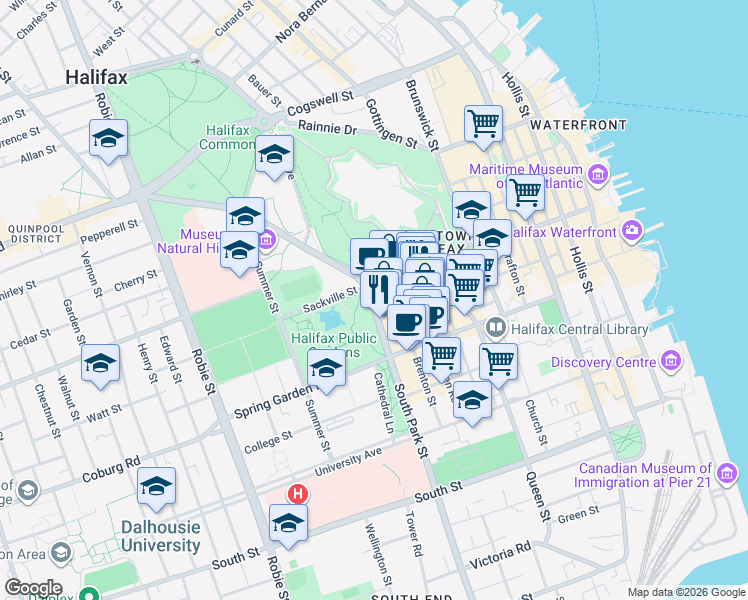 map of restaurants, bars, coffee shops, grocery stores, and more near 1585 South Park Street in Halifax