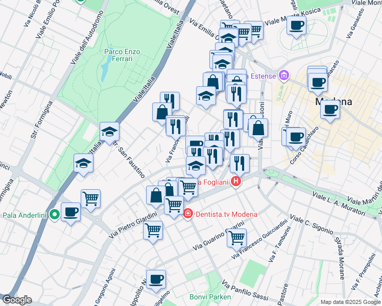map of restaurants, bars, coffee shops, grocery stores, and more near 52 Via Samuele Morse in Modena