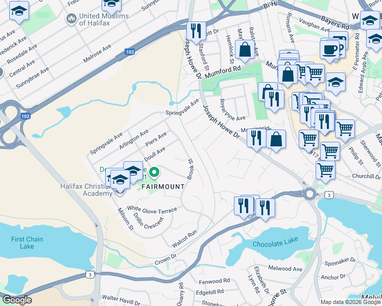map of restaurants, bars, coffee shops, grocery stores, and more near 131 Brook Street in Halifax