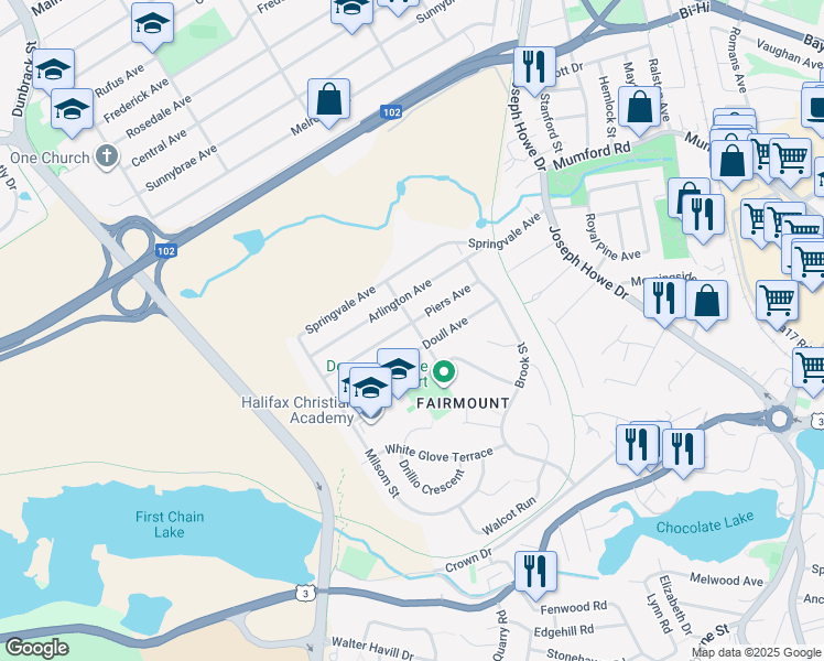 map of restaurants, bars, coffee shops, grocery stores, and more near 28 Piers Avenue in Halifax