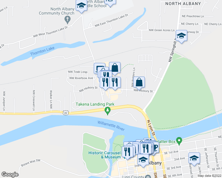 map of restaurants, bars, coffee shops, grocery stores, and more near 641 Northwest Hickory Street in Albany