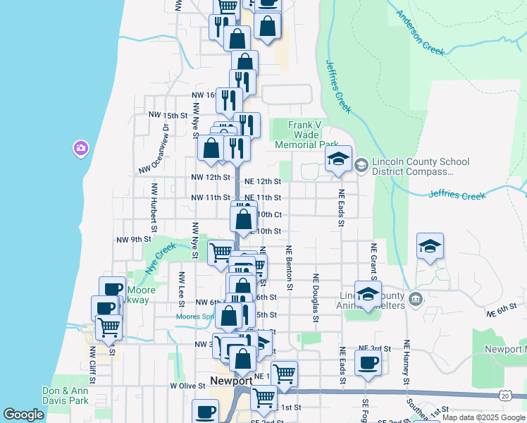map of restaurants, bars, coffee shops, grocery stores, and more near 1061-1131 Northeast Avery Street in Newport