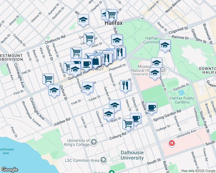 map of restaurants, bars, coffee shops, grocery stores, and more near 6144 Linden Street in Halifax