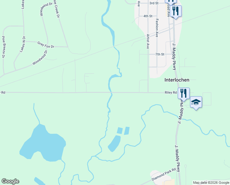 map of restaurants, bars, coffee shops, grocery stores, and more near 9635 Riley Road in Interlochen