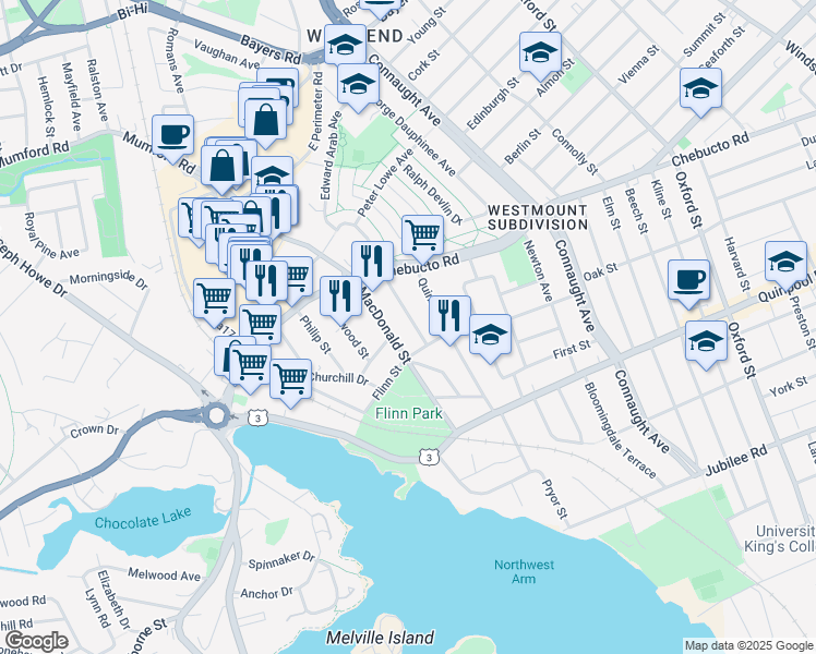 map of restaurants, bars, coffee shops, grocery stores, and more near 2420 Westmount Street in Halifax