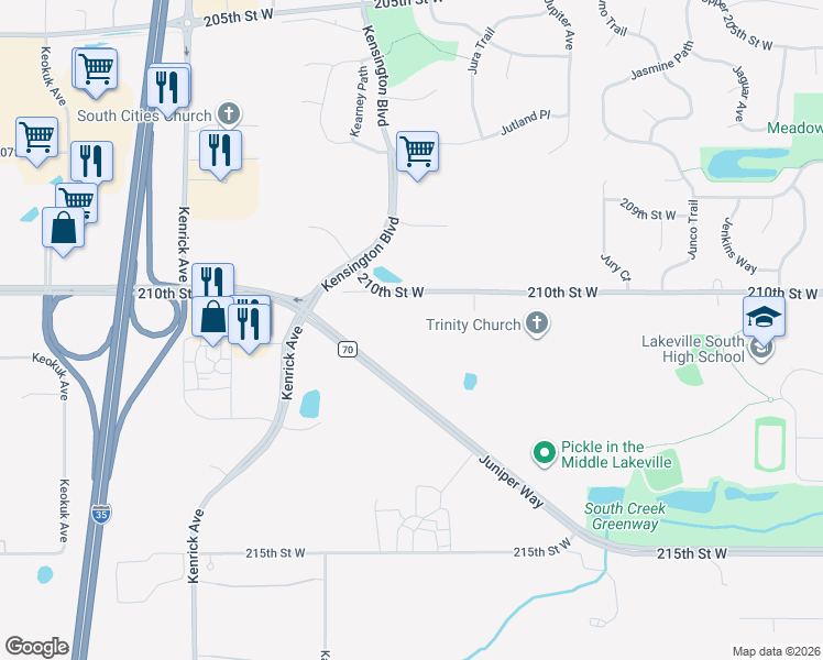 map of restaurants, bars, coffee shops, grocery stores, and more near 20860 Kenbridge Court in Lakeville