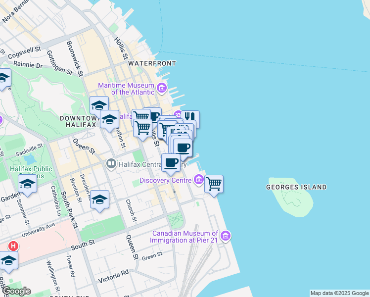 map of restaurants, bars, coffee shops, grocery stores, and more near 1477 Lower Water Street in Halifax
