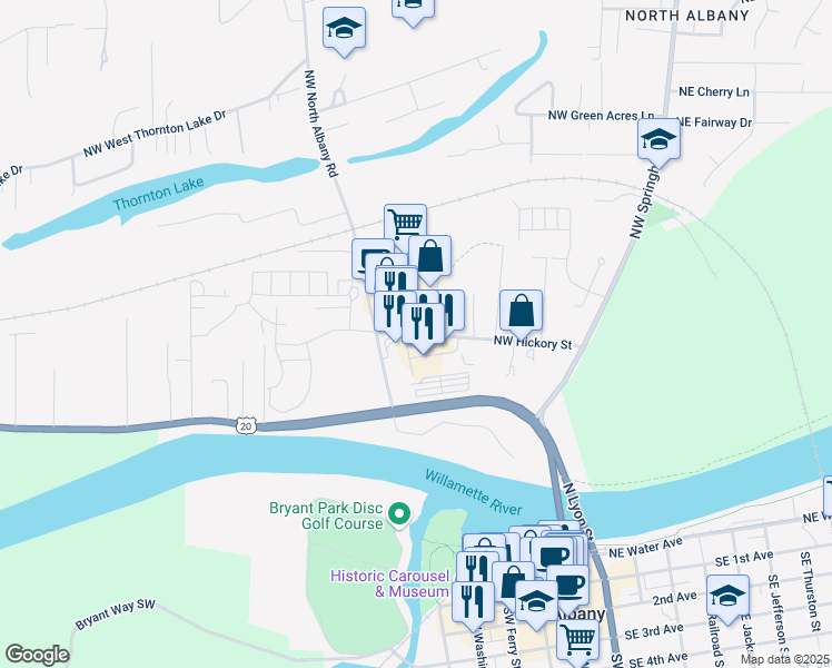 map of restaurants, bars, coffee shops, grocery stores, and more near Northwest Hickory Street in Albany
