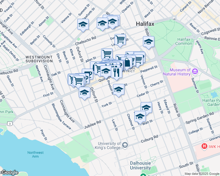 map of restaurants, bars, coffee shops, grocery stores, and more near 1946 Preston Street in Halifax