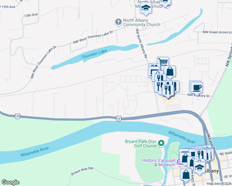 map of restaurants, bars, coffee shops, grocery stores, and more near 750 Northwest Teak Loop in Albany
