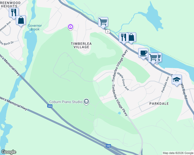 map of restaurants, bars, coffee shops, grocery stores, and more near 61 Brunello Boulevard in Timberlea