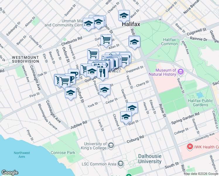 map of restaurants, bars, coffee shops, grocery stores, and more near 6214 Shirley Street in Halifax