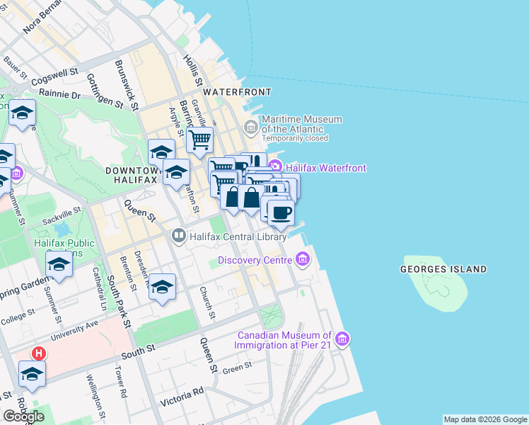 map of restaurants, bars, coffee shops, grocery stores, and more near 1474 Lower Water Street in Halifax