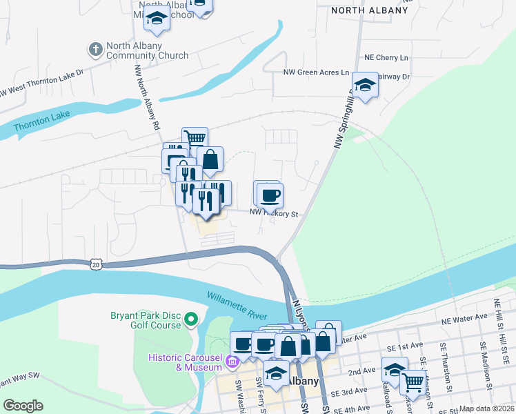 map of restaurants, bars, coffee shops, grocery stores, and more near 333 Northwest Hickory Street in Albany