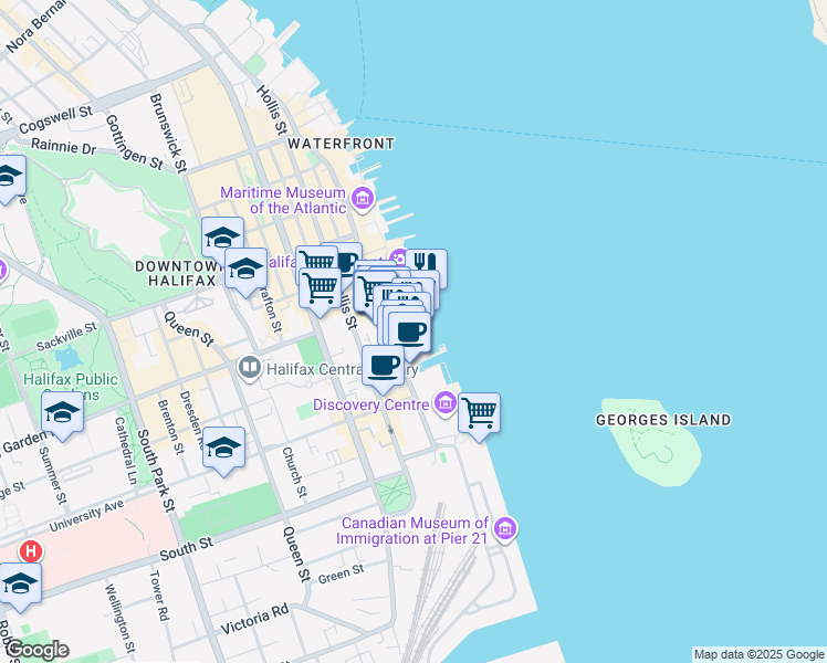 map of restaurants, bars, coffee shops, grocery stores, and more near 1479 Lower Water Street in Halifax