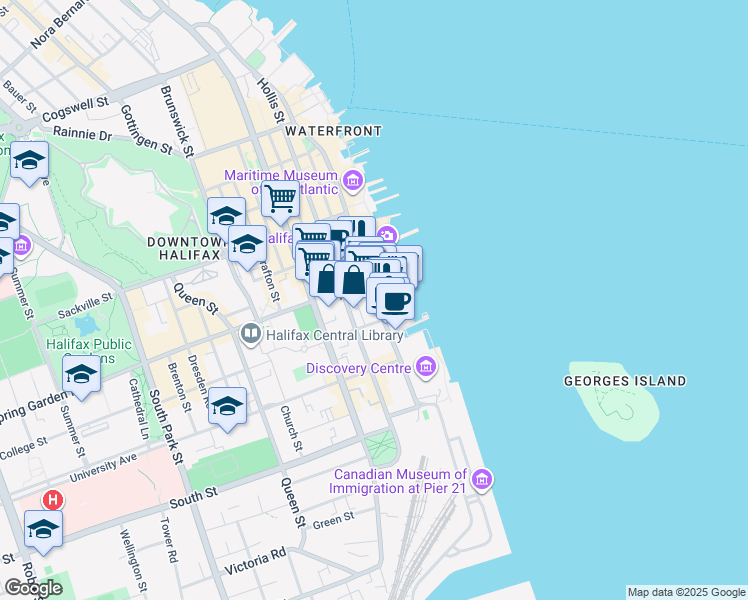 map of restaurants, bars, coffee shops, grocery stores, and more near 1496 Lower Water Street in Halifax