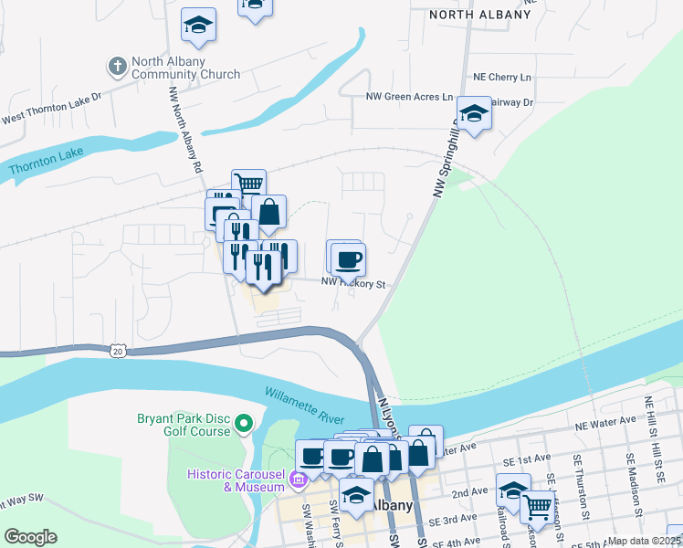 map of restaurants, bars, coffee shops, grocery stores, and more near 305 Northwest Hickory Street in Albany