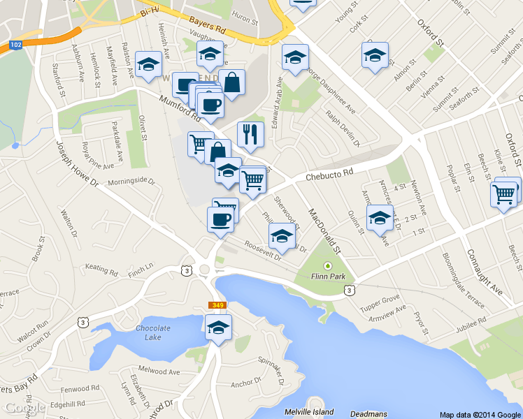 map of restaurants, bars, coffee shops, grocery stores, and more near 2581 Philip Street in Halifax