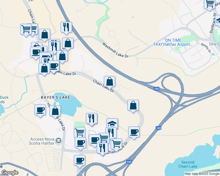 map of restaurants, bars, coffee shops, grocery stores, and more near 10 Lovett Lake Court in Halifax