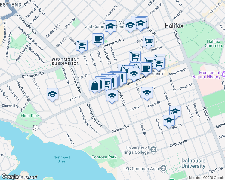 map of restaurants, bars, coffee shops, grocery stores, and more near in Halifax