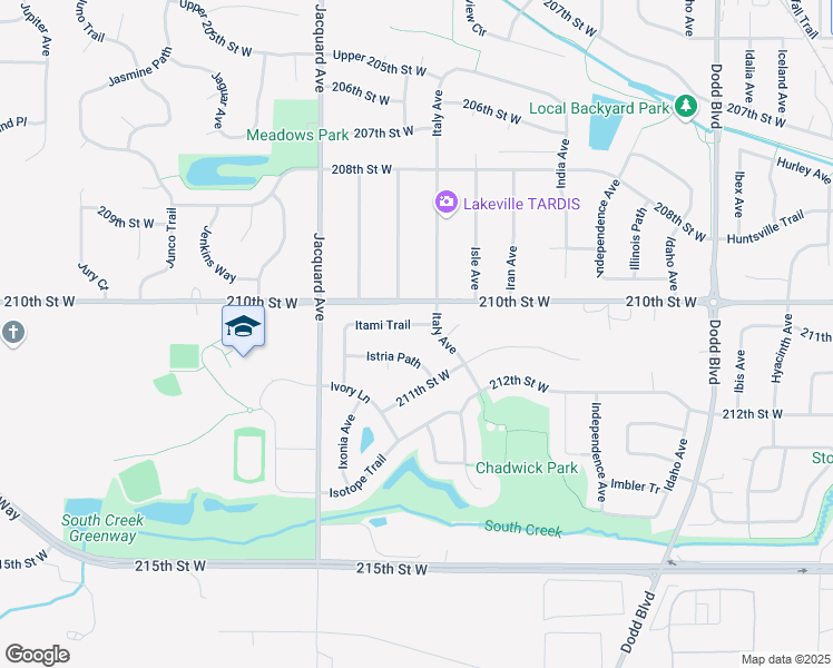 map of restaurants, bars, coffee shops, grocery stores, and more near 21053 Italy Avenue in Lakeville
