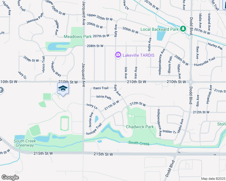 map of restaurants, bars, coffee shops, grocery stores, and more near 21053 Italy Avenue in Lakeville