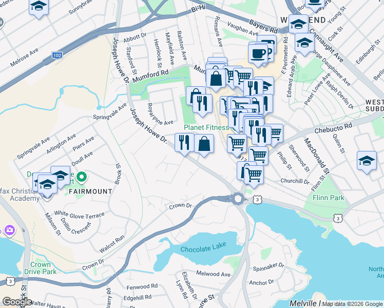 map of restaurants, bars, coffee shops, grocery stores, and more near 2779 Joseph Howe Drive in Halifax