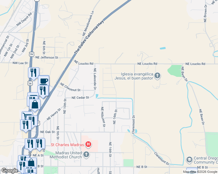 map of restaurants, bars, coffee shops, grocery stores, and more near 610 Northeast Marigold Street in Madras