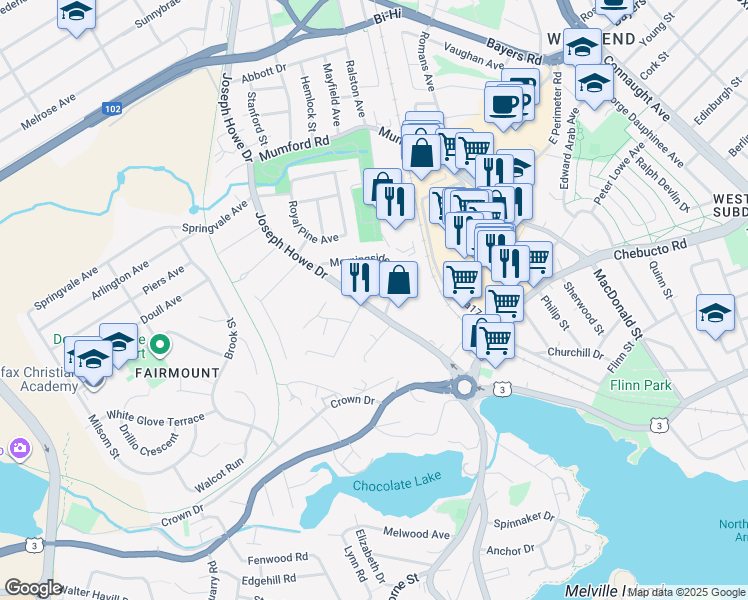 map of restaurants, bars, coffee shops, grocery stores, and more near 2785 Joseph Howe Drive in Halifax