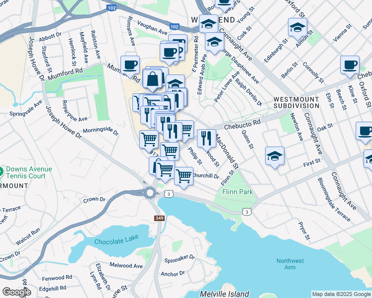 map of restaurants, bars, coffee shops, grocery stores, and more near 7018 Chebucto Road in Halifax