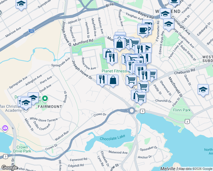 map of restaurants, bars, coffee shops, grocery stores, and more near 2779 Joseph Howe Drive in Halifax