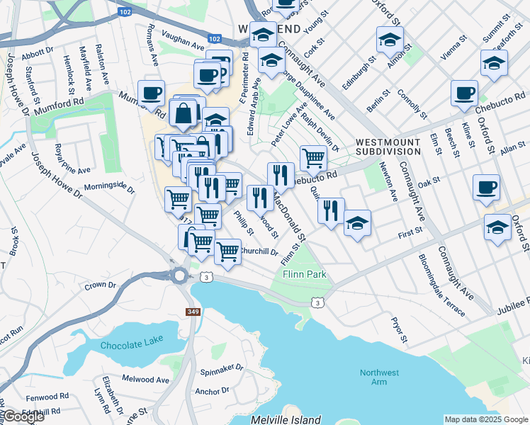 map of restaurants, bars, coffee shops, grocery stores, and more near 2551 Sherwood Street in Halifax