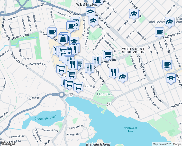 map of restaurants, bars, coffee shops, grocery stores, and more near 2551 Sherwood Street in Halifax