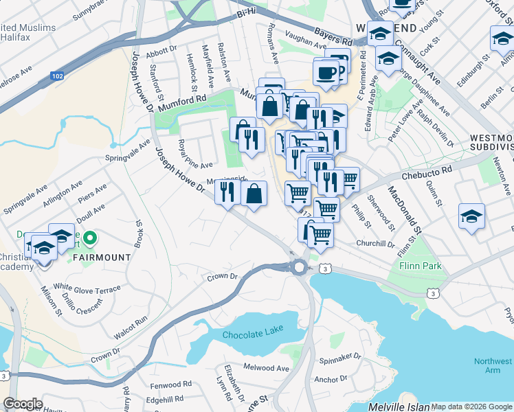 map of restaurants, bars, coffee shops, grocery stores, and more near 2737 Joseph Howe Drive in Halifax