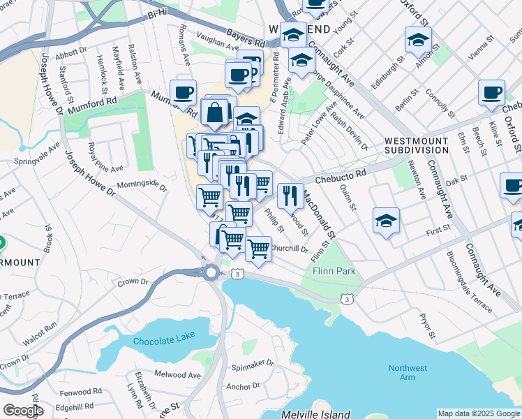 map of restaurants, bars, coffee shops, grocery stores, and more near 7018 Chebucto Road in Halifax