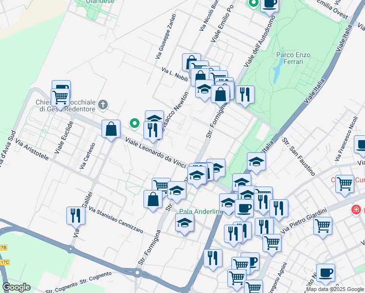 map of restaurants, bars, coffee shops, grocery stores, and more near 64 Via Claudio Galeno in Modena