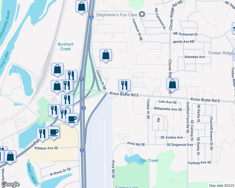 map of restaurants, bars, coffee shops, grocery stores, and more near 3510 Knox Butte Road East in Albany