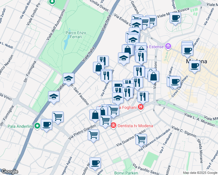 map of restaurants, bars, coffee shops, grocery stores, and more near 52 Via Samuele Morse in Modena