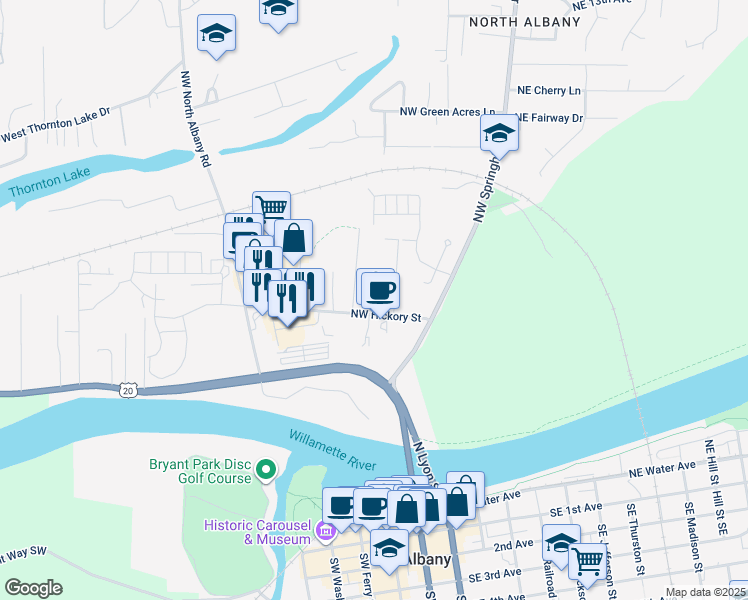 map of restaurants, bars, coffee shops, grocery stores, and more near 305 Northwest Hickory Street in Albany