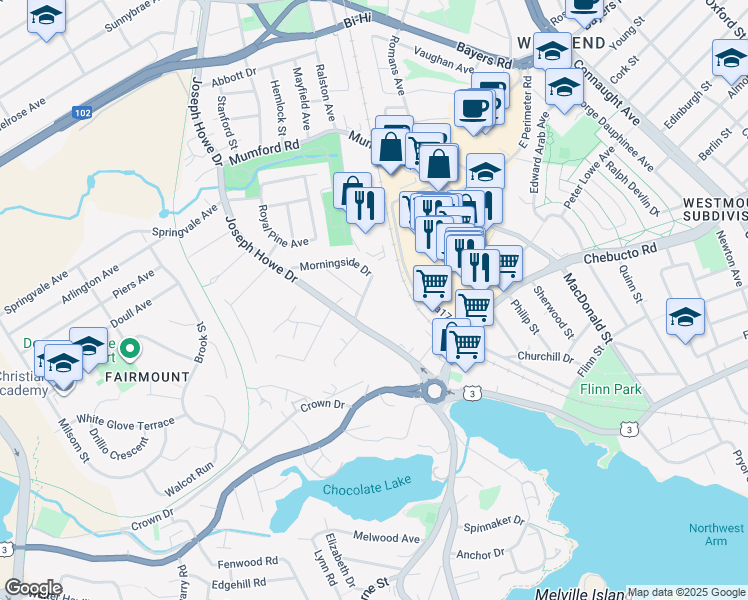 map of restaurants, bars, coffee shops, grocery stores, and more near 2737 Joseph Howe Drive in Halifax