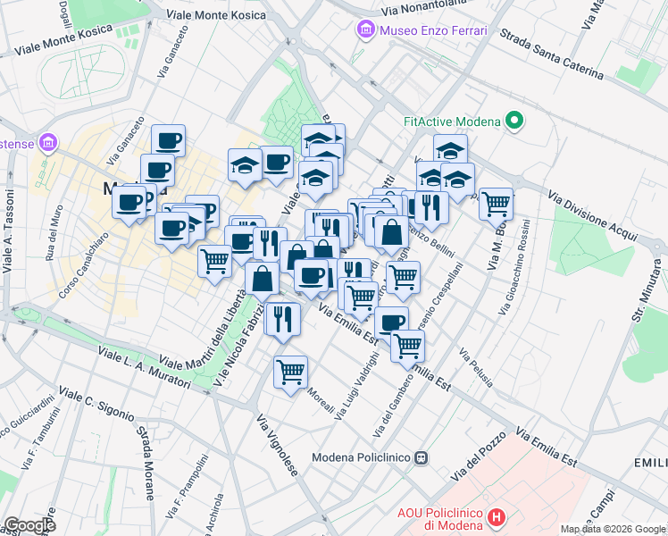 map of restaurants, bars, coffee shops, grocery stores, and more near 70 Viale Ciro Menotti in Modena