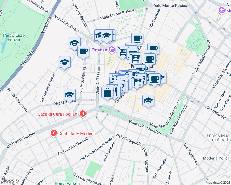 map of restaurants, bars, coffee shops, grocery stores, and more near 23 Rua Freda in Modena