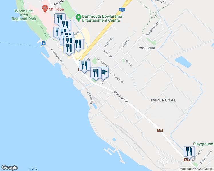map of restaurants, bars, coffee shops, grocery stores, and more near 553 Pleasant Street in Dartmouth
